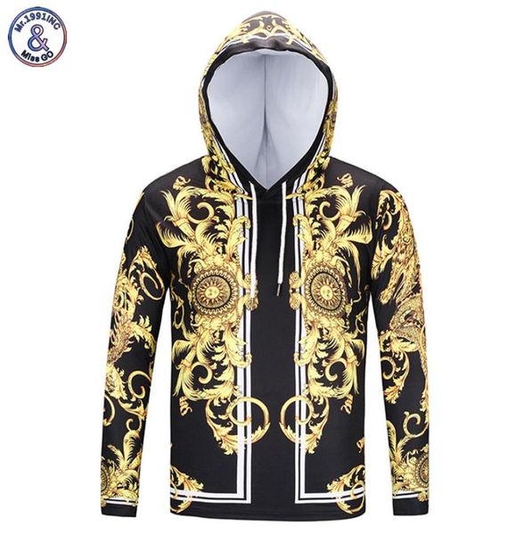 

mr1991inc new fashion brand degin tshirt menwomen hooded tshirt print golden flowers long sleeve t shirt with hat2586580, Black