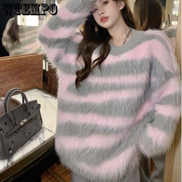 

women's sweaters pink gray stripe imitation mink velvet women sweater knitted pullover long sleeve loose soft warm sweet y2k preppy sty, White;black
