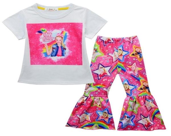 

38t jojo siwa girls sets tracksuit 2pcs summer short tshirt pants cartoon rainbow printed casual costume birthday party gift y206866287, White
