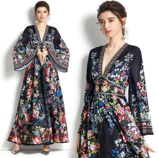

dress early spring deep v neck flare sleeve print long womens clothes, Black;gray