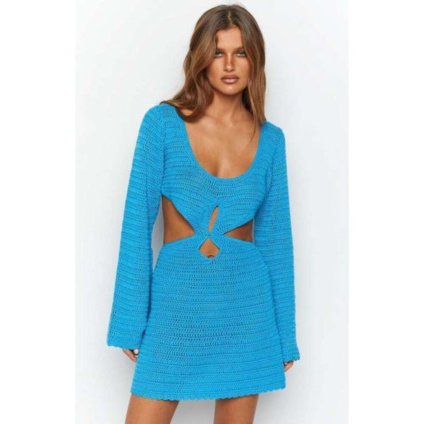 

womens autumn hollow knit sweater low cut backless dress, Black;gray