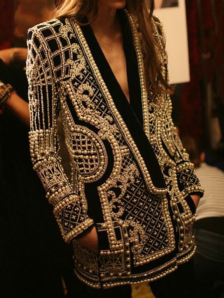 

women's suits blazers high street est stylish designer jacket women's v-neck long sleeve luxurious metallic beaded long blazer 230, White;black