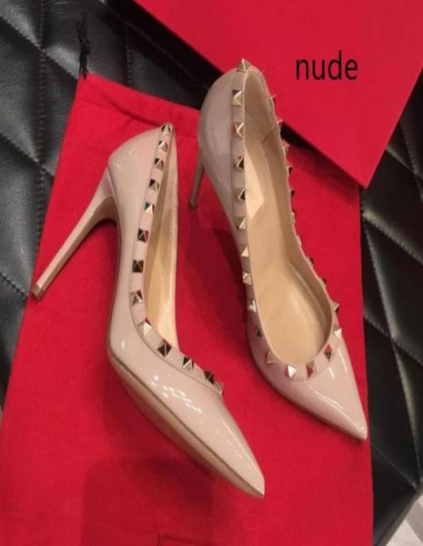 

with box genuine leather red wedding shoes for bride nude white stiletto heel rivets shoes size 34 to 42 tradingbear45955554783353, Black