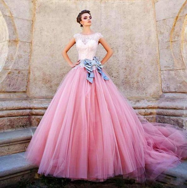 

2019 romantic pink ball gown quinceanera dresses tulle beads sheer neck cap sleeves sash 16 sweet girls masquerade prom gown6298042, Blue;red