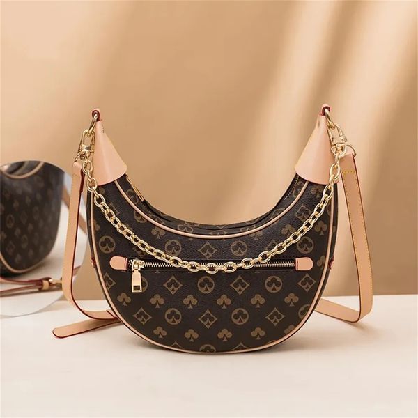 

designer fashion half moon shoulder bags women's handbag vintage metal chain underarm bag marel printed crossbody bag horn shape purse