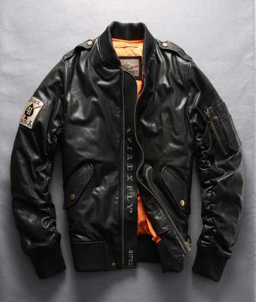 

avirex jacket men 039s down jacket black sheepskin stand collar baseball genuine leather men winter coat for me8401188