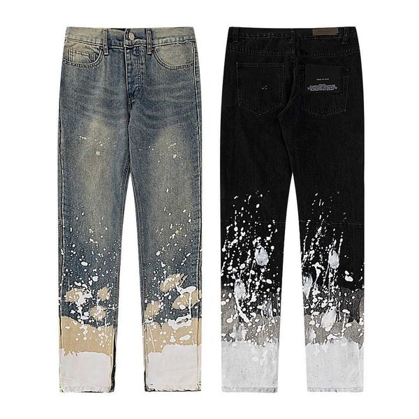 

high edition jeans splash-ink side zipper wash heavy work tide men's and women's high street denim trousers, Blue
