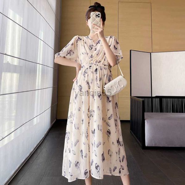 

maternity dresses 509# 2023 summer new fashion floral printed chiffon maternity long dress v neck nursing clothes for pregnant women pregnan, White