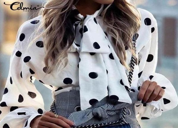 

fashion blouses elegant women bow tie collor polka dot shirts celmia 2020 spring long sleeve button work blusas plus size 71767959, White