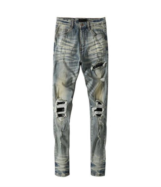 

mens jeans with holes patchwork leather dark blue washing water used trousers europe and america1843747