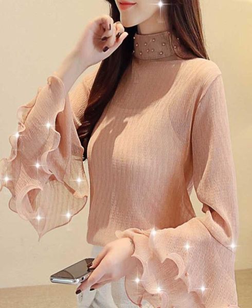 

fashion womens blouses beading pink chiffon blouse shirt long sleeve women shirts womens and blouses blusas femininas a7594584919, White
