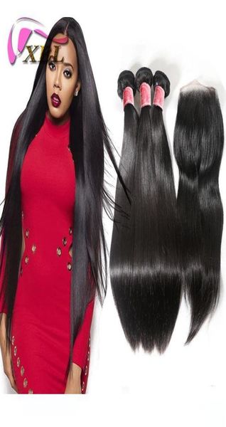 

8a brazilian peruvian malaysian indian hair weaves and closures straight bundles 3 pcs hair with 1 lace closure human hair weft ex7447217, Black;brown