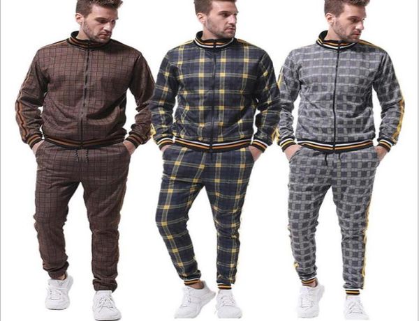 

men sweatsuits casual plaid pattern mens tracksuits all season jacket joggers running outerwear men039s outfits fashion sets3868513, Gray