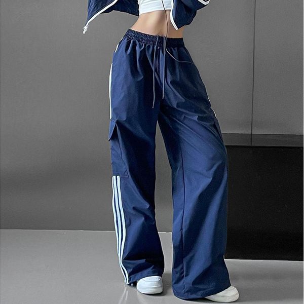 

women s pants s wide leg drawstring cargo pant high waist baggy joggers trousers striped harajuku parachute sweatpant clothes y2k 230808, Black;white