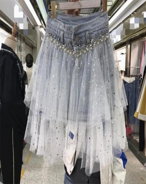 

skirts irregular sequins mesh stitching fringed short denim skirt women rhine pearl nail beading jeans high waist hip skirtskirts9046865, Black
