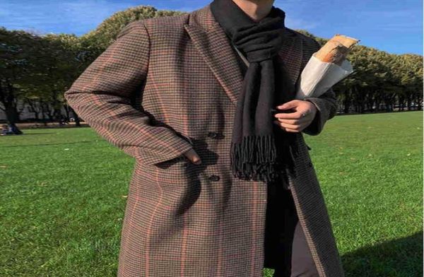 

vintage men039s plaid woolen cloth coat autumn winter new long sleeve doublebreasted thickned loose lapel overcoat4357928, Tan;black