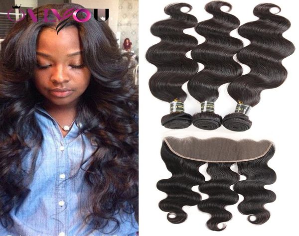 

unprocessed peruvian tissage body wave hair weaves remy human tape hair extensions 3 bundles with lace frontal closure weaves whol9717773, Black;brown