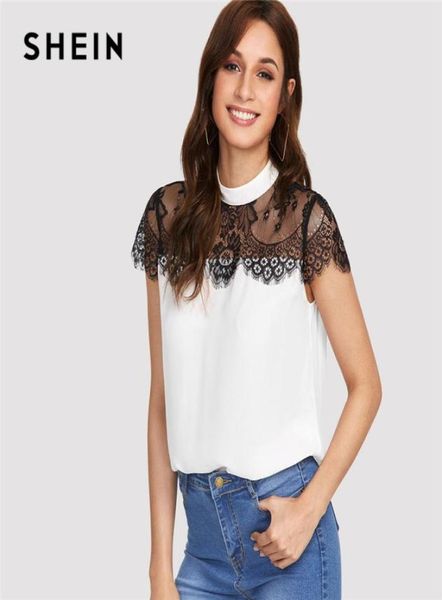 

shein lace yoke keyhole back women patchwork stand collar short sleeve button casual blouse 2018 summer elegant blouse6912216, White