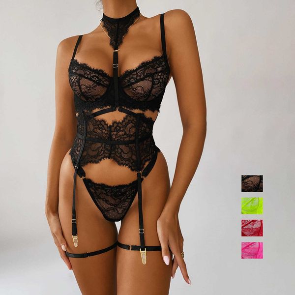 

body shaper lingerie set transparent bra lace suit garter belt stockings woman erotic intimate see through bra set, Black;white