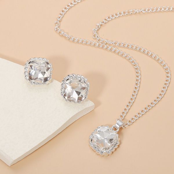 

wedding jewelry sets women statement necklace with earring set silver crystal stone round choker plated alloy pendant 230808, Slivery;golden