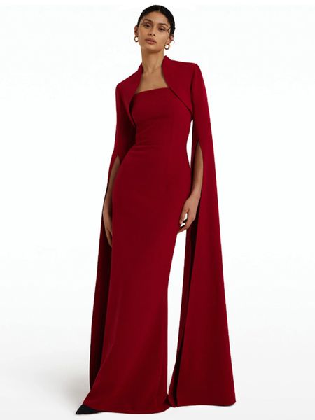 

women's fashion evening dresses 2023 strapless shawl split long sleeve patchwork dark red prom formal gowns robe de soiree, Black;red
