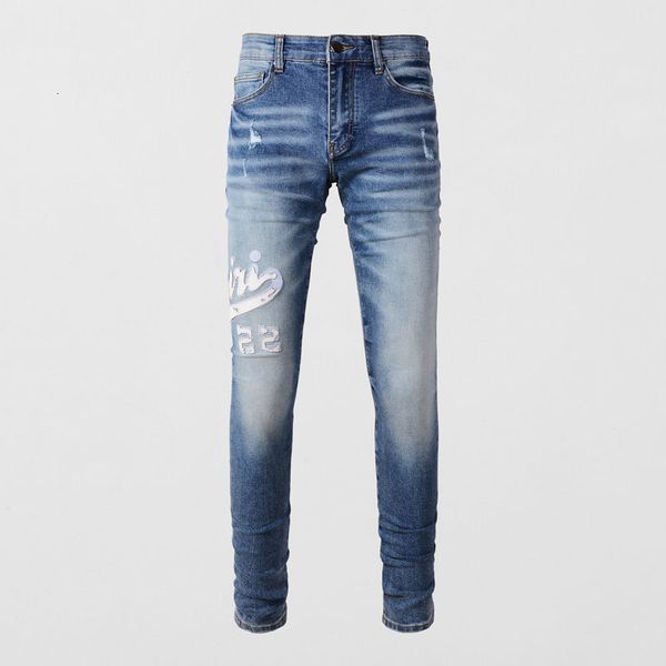 

mens jeans street fashion men retro blue elastic slim fit ripped patch designer hip hop brand pants hombre 230808