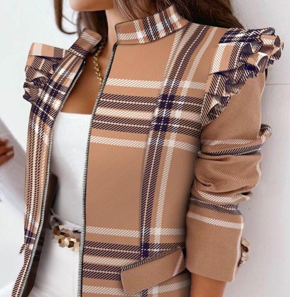 

women039s jackets plaid print women 2021 fall ruffles long sleeve zipper up coat6661239, Black;brown