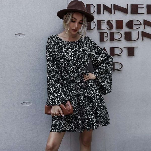 

development of spring and autumn long sleeved temperament casual round necklace dress for women, Black;gray