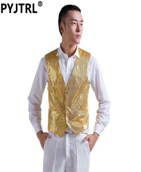 

mens wedding stage show gold shiny sequins waistcoat blue black silver pink rose yellow suit vest gilet homme classic vests t200113260023, White;black