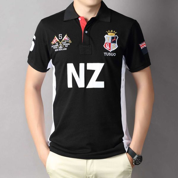 

ts crown polo shirt men's short sleeve embroidery flower sports black white contrast combed cotton large, White;black