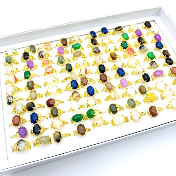 

wholesale 100pcs/box womens rings natural stone fashion jewelry accessories silver gold plated with a show box, Golden;silver