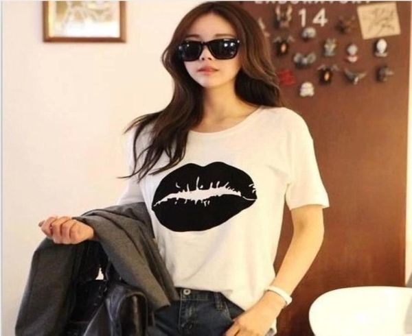 

whole t shirt women 2016 summer lip printed women short sleeve female tshirts plus size tee shirt femme 7848085, White