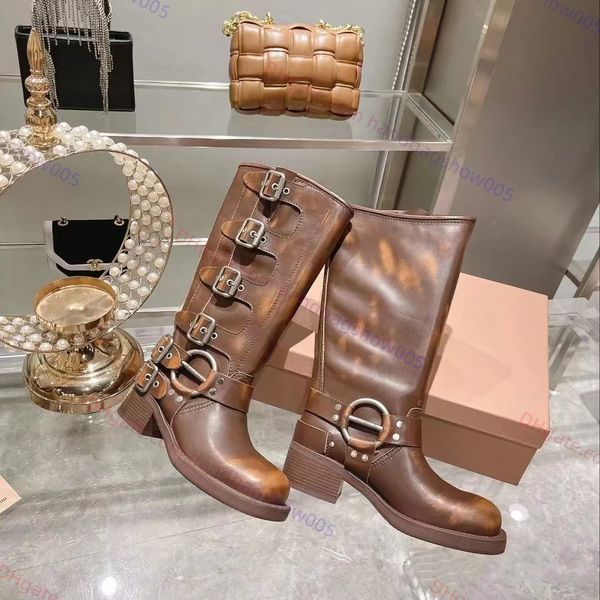 

luxury leather boots harness belt buckled cowhide leather biker knee boots miu designer women leather boots buckled suede shiny leather ankl, Black