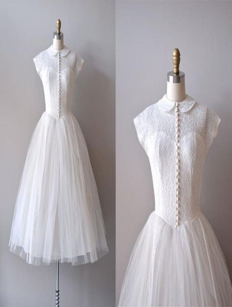 

vintage reserved lace 1950s wedding dresses sheer peter pan collar cap sleeves covered buttons knee length ball gown tulle 500393709453, White