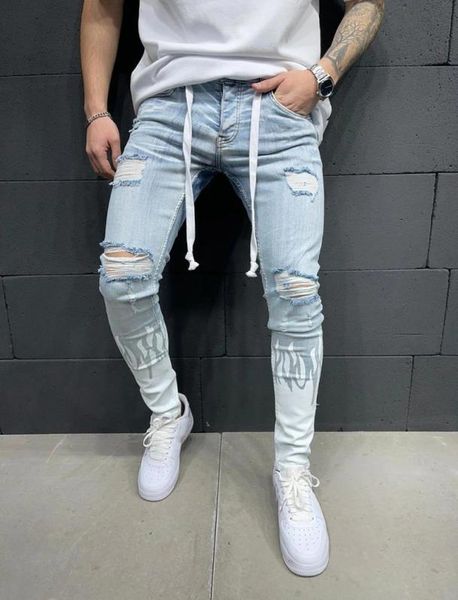 

men ripped jeans slim fit trousers fashion flame print distressed fringe pencil jeans homme casual drawstring skinny men039s pa2739947, Black