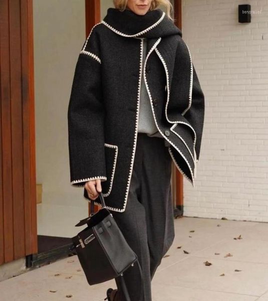 

women039s wool blends winter 2022 singlebreasted coat with embroidered white fringe scarf bery229087349, Black