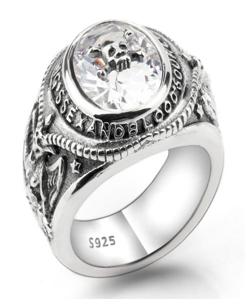 

2018 new 925 sterling silver vintage skeleton skull men ring clear cz portrait meditation biker men fashion jewelry 943849, Golden;silver