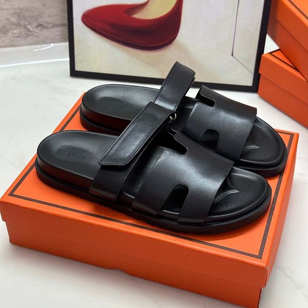 

designer sandals h slippers flat bottom men's and women's sandals genuine leather denim slippers summer beach sandals 35-42-1, Black