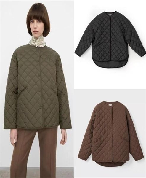 

womens jackets have lable toteme coat winter diamond texture button design loose round neck cotton jacket 2210191145529, Black;brown