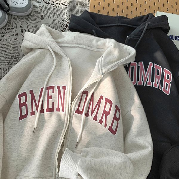 

womens hoodies sweatshirts vintage letter print zip up hoodie sport coat loose casual jacket autumn korean punk aesthetic warm clothes 2308, Black