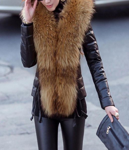 

winter warm women faux fur front coat pu leather jacket parka overcoat fashion2954287, Tan;black