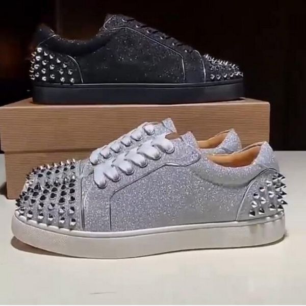 

designer luxury men's and women's low-men's shoes red bottom flash powder silver rivets black sequin leather brand casual sho