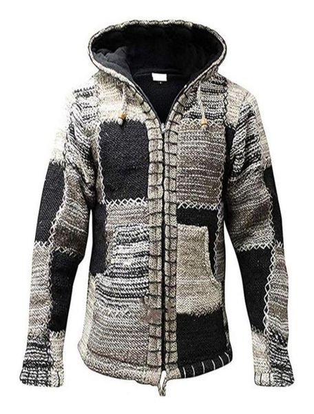 

2020 autumn men hooded wool cardigan sweater jumper men winter fashion patchwork knit outwear coat sweater with pocket33187859637909, White;black