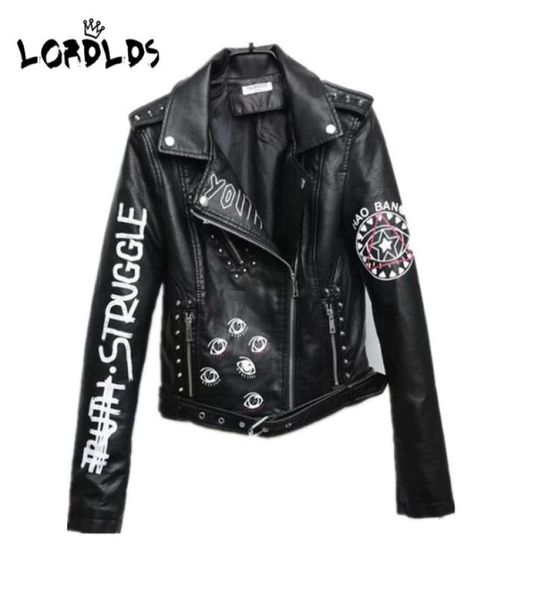 

lordxx black graffiti leather jacket women 2019 new spring punk moto coat cropped faux jackets with belt8855970, Black;brown