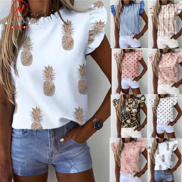 

elegant women summer prnt tshirts patchwork design ruffles decor oneck short ruffles decor slim pullovers for streetwear5197081, White