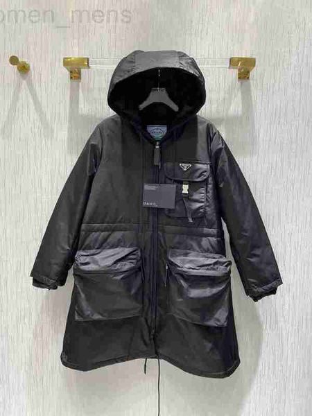 

women's jackets designer 22 autumn/winter new classic regenerated nylon large pocket metal triangle warmth hooded waistband cotton coat, Black;brown