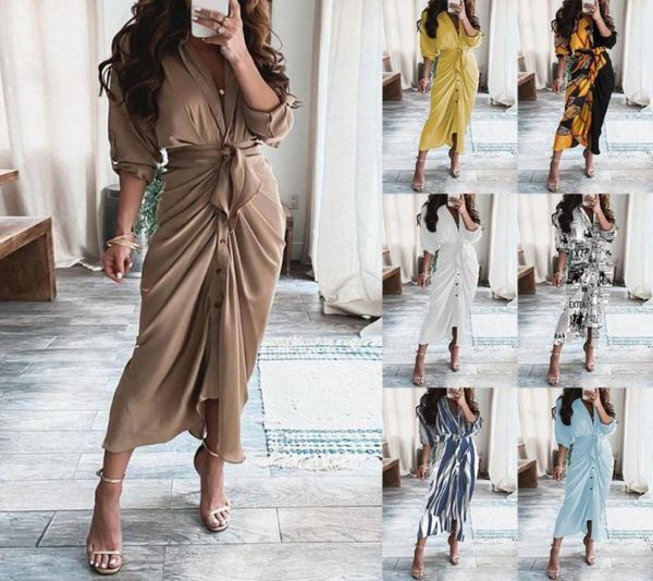 

casual dresses fashion turndown collar draped party elegant button office ladies shirt dress women summer short sleeve slit long1341285, Black;gray