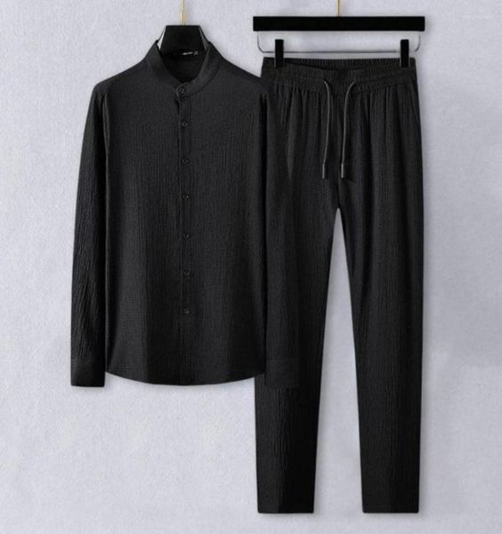 

men039s tracksuits 1 set autumn men pants pleated trousers solid color two piece stand collar relaxed fit shirt streetwear3498612, Gray