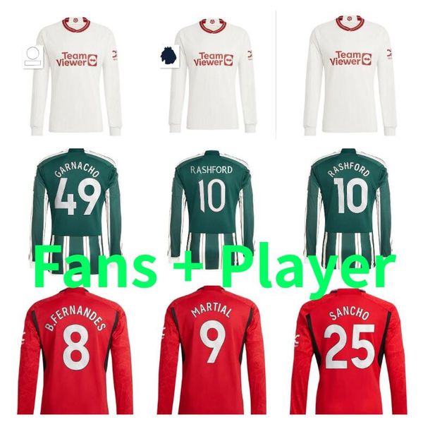 

long sleeved 23 24 sancho soccer jerseys b.fernandes rashford football shirt 2023 2024 mans utds martinez casemiro antony manchesters garnac, Black;yellow
