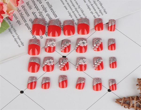 

24pcs set press on nails fresh style flowers printing artificial nails design red fake nail with glue nail tips228y1638204, Red;gold
